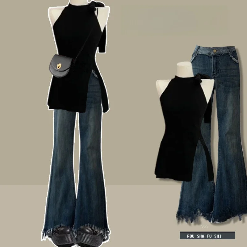 

Комплект из двух предметов: брюки с высокой талией и широкими штанинами, топ и брюки, летний модный наряд для женщин, стройнящий силуэт, стильный и сексуальный