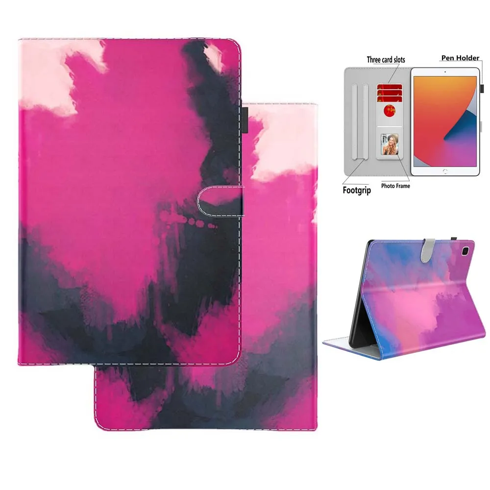 for Samsung TAB S7 FE S7+ Plus Case Stand Watercolor Oil Painting Pattern Flip Cover with Card Slot Pen Belt Magnet Buckle Lock