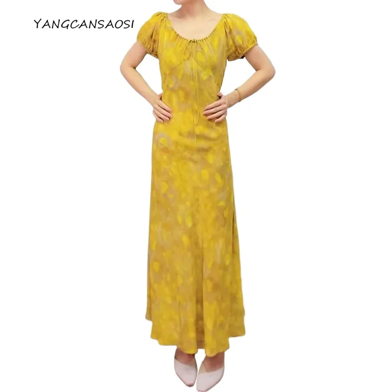 

2025 Women's Fashion Early Autumn New 100% Natural Mulberry Silk Crepe De Chine Lace Up Yellow Oil Painting Short Sleeved Dress