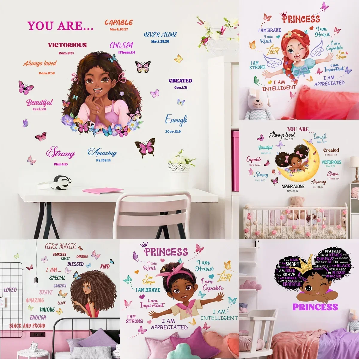 Black Girl Princess Wall Decal, Butterfly Stars Wall Stickers, Positive Nursery Decor, Kid Room Bedroom