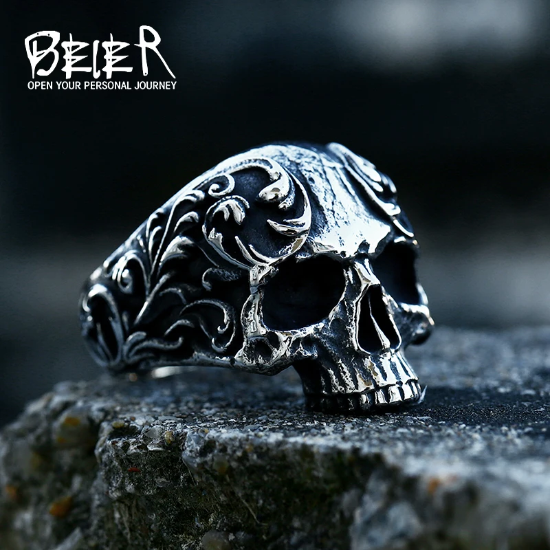 BEIER 2023 New Special Design 316L Stainless Steel Calvarium Skull Ring Pattern Biker Punk Cool Men\'s Ring Gothic Jewelry