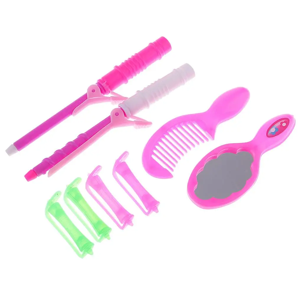 8pcs Dolls Hair Accessory for Baby Doll Hair Curler Comb Mirror Curling Iron Set Dresser Dress Up Girl Gift