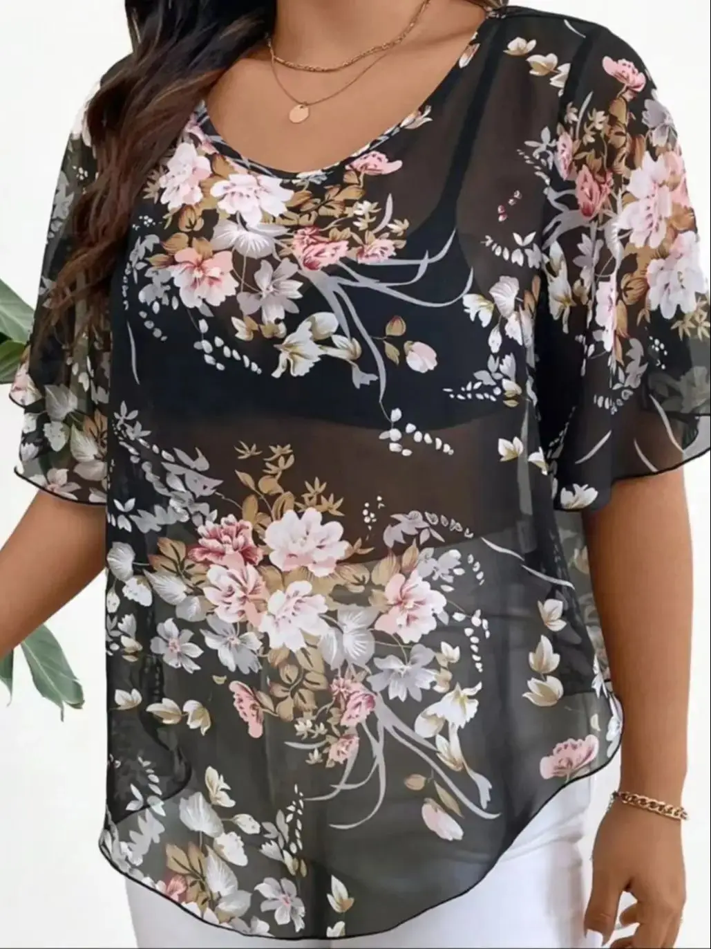 سترة شيفون بأكمام قصيرة ، غطاء مطبوع للحوم ، غاز أجنبي جديد ، مقاس كبير ، الصيف