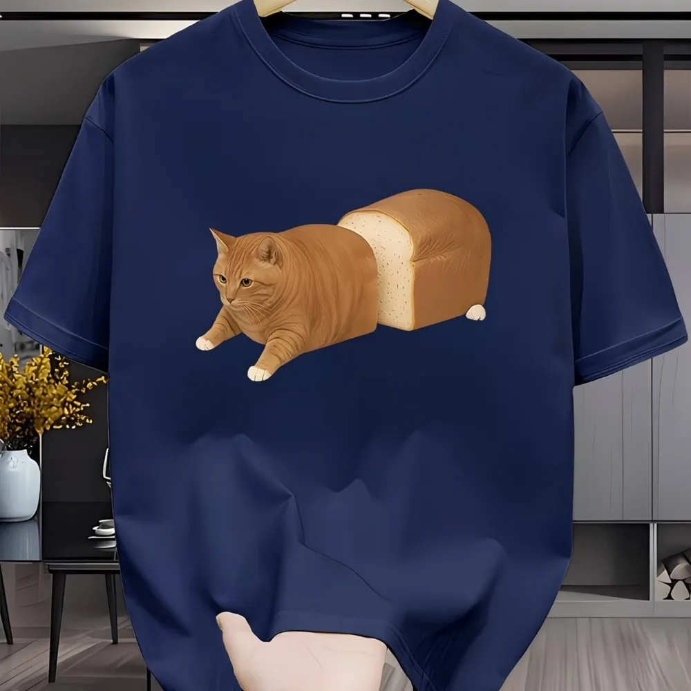 Fun and Creative Cat Bread Pattern Printed Round Neck T-shirt Summer Unisex Loose and Breathable Cotton T-shirt Top