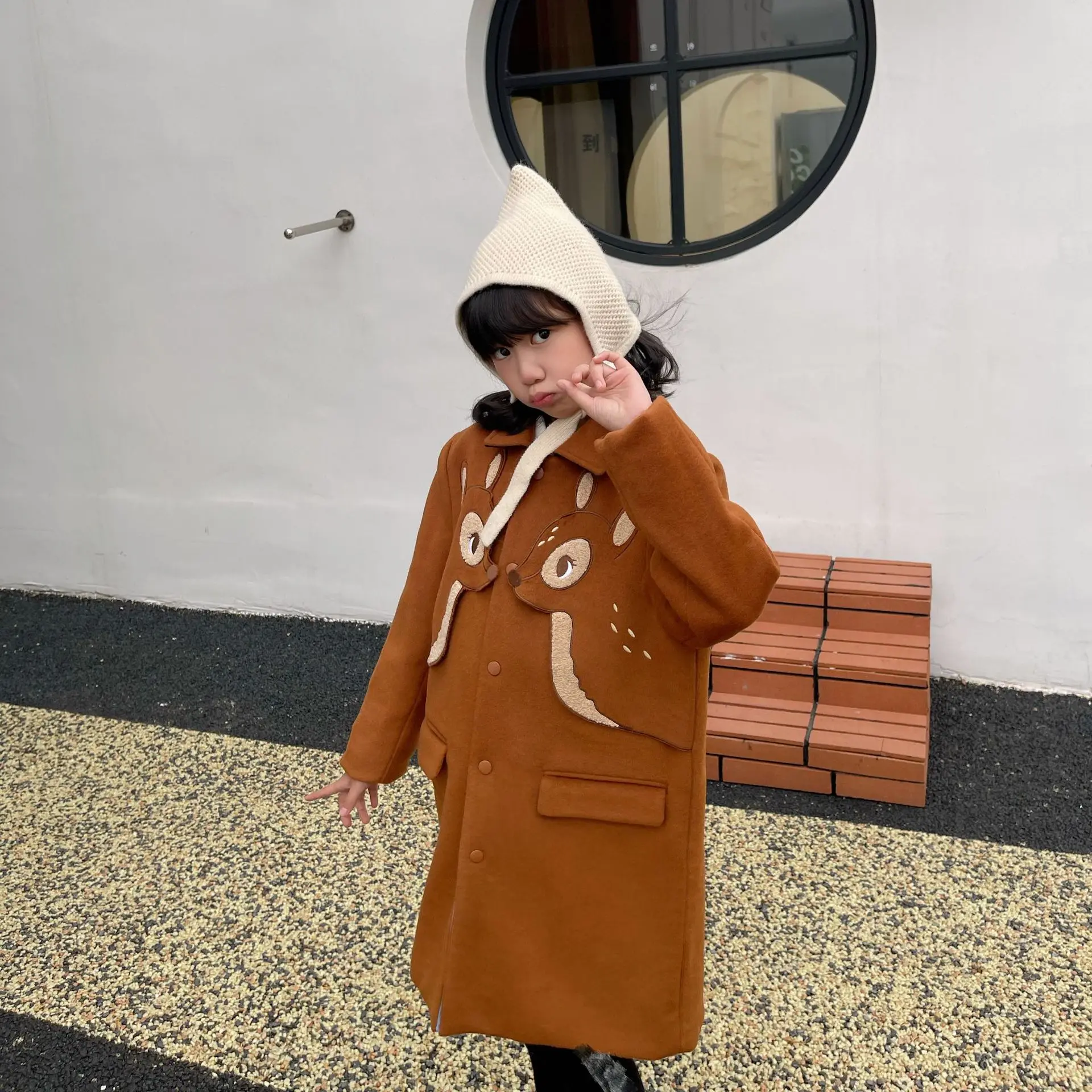 Korean Style Caramel Deer Embroidered Wool Coat For Girls  LAB CICI