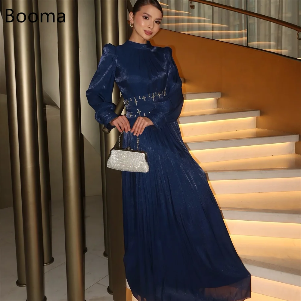 

Booma блестящие кристаллы платья с круглым вырезом вечерние платья для женщин простое плиссированное платье для выпускного вечера с длинными рукавами на заказ 2025