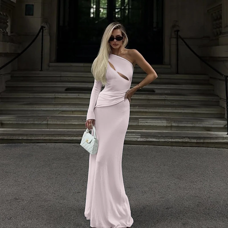 Elegant Pleated One-Shoulder Long Trumpet Dress 2026 Summer Casual Slim Hollow Out Dresses Sexy Pink Backless Dress For Women