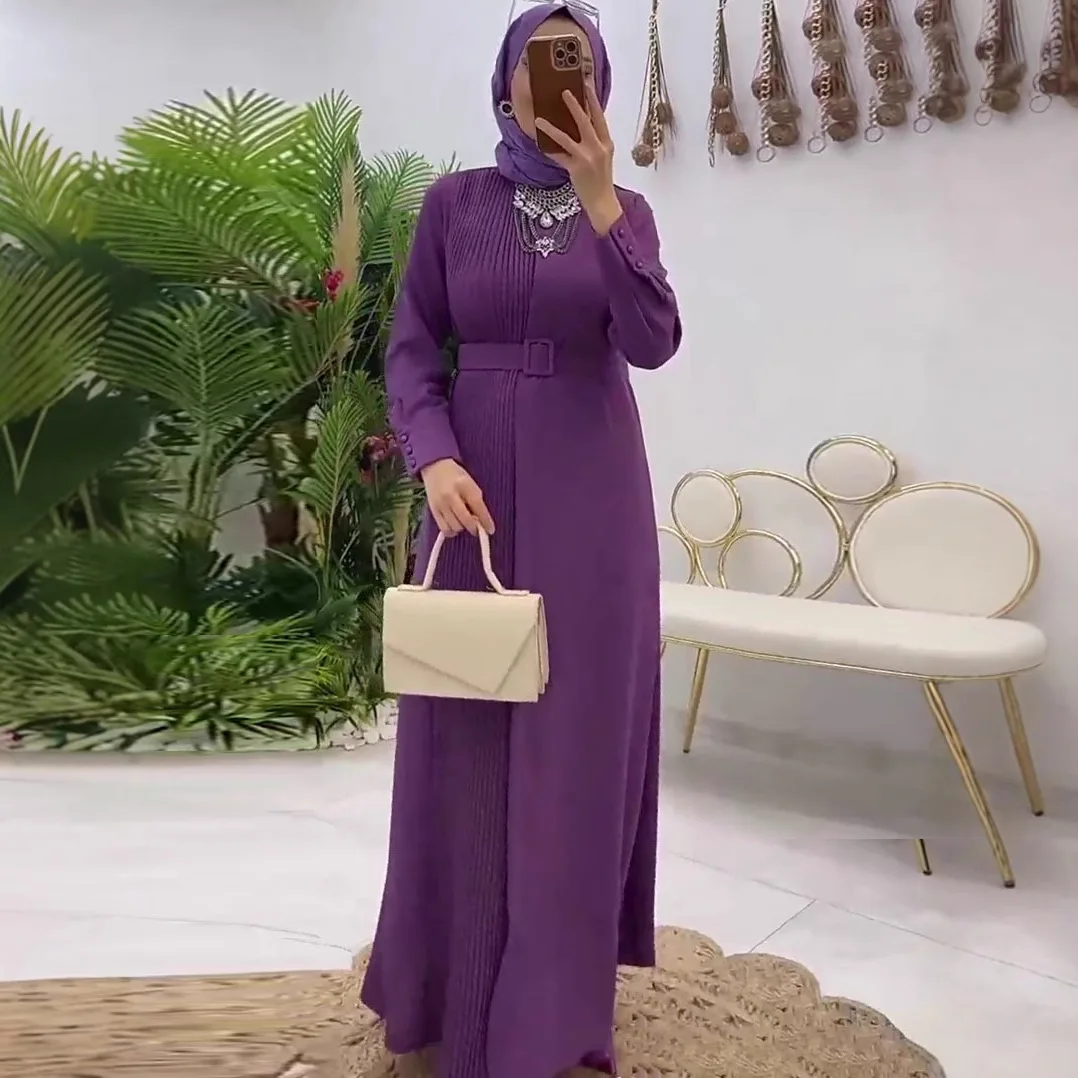 

Мусульманское платье Ид для женщин, плиссированные длинные платья с поясом, Рамадан Джалабия, вечерние халат Абая, Дубайский кафтан, исламские платья, Largos 2026