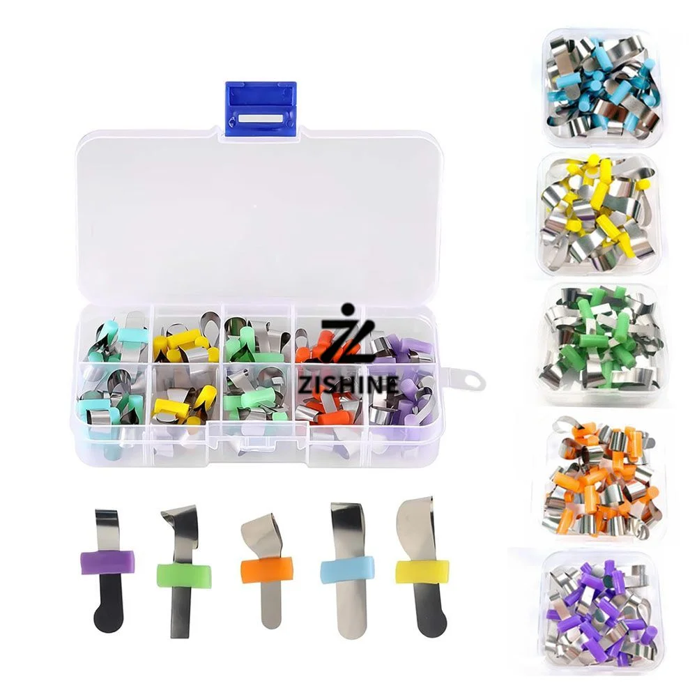 50Pcs Dental Matrix Bands with Silicone Wedge Ring 5 Sizes Adjustable Stainless Steel Matrix Strips Teeth Restoration Tools