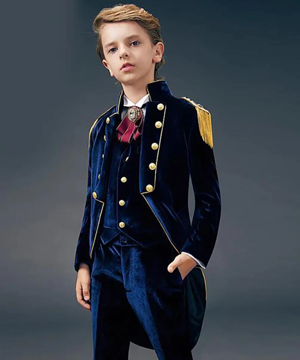 Blue Suede  Slim Fit Boys\' Suit Three Piece Set 2023 New Unique Design Children\'s Gentleman Handsome Clothing