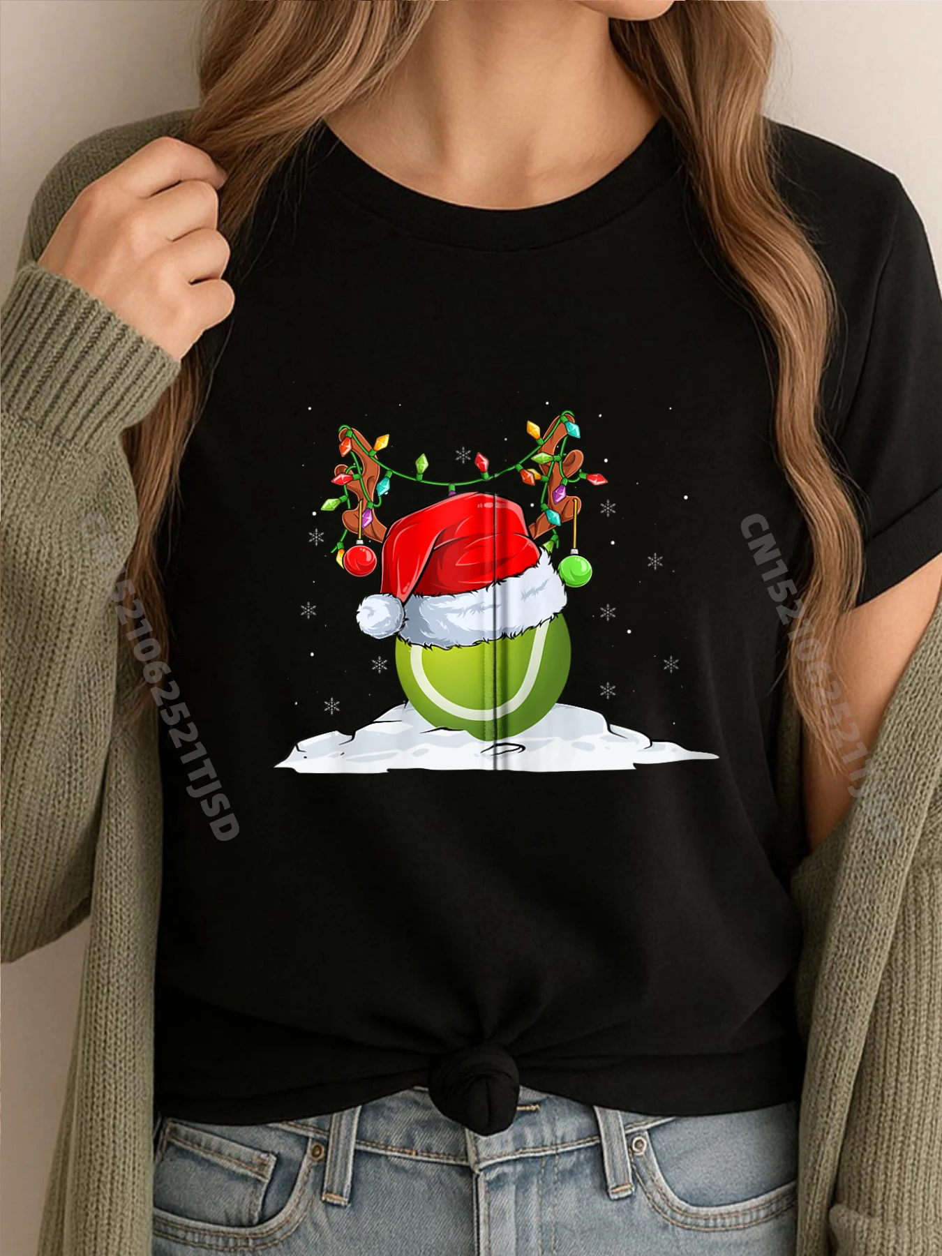 

Christmas Tennis Ball Reindeer Santa Hat Xmas Light Tennis Streetwear Woman ClassicCamiseta Masculina Large Size Print