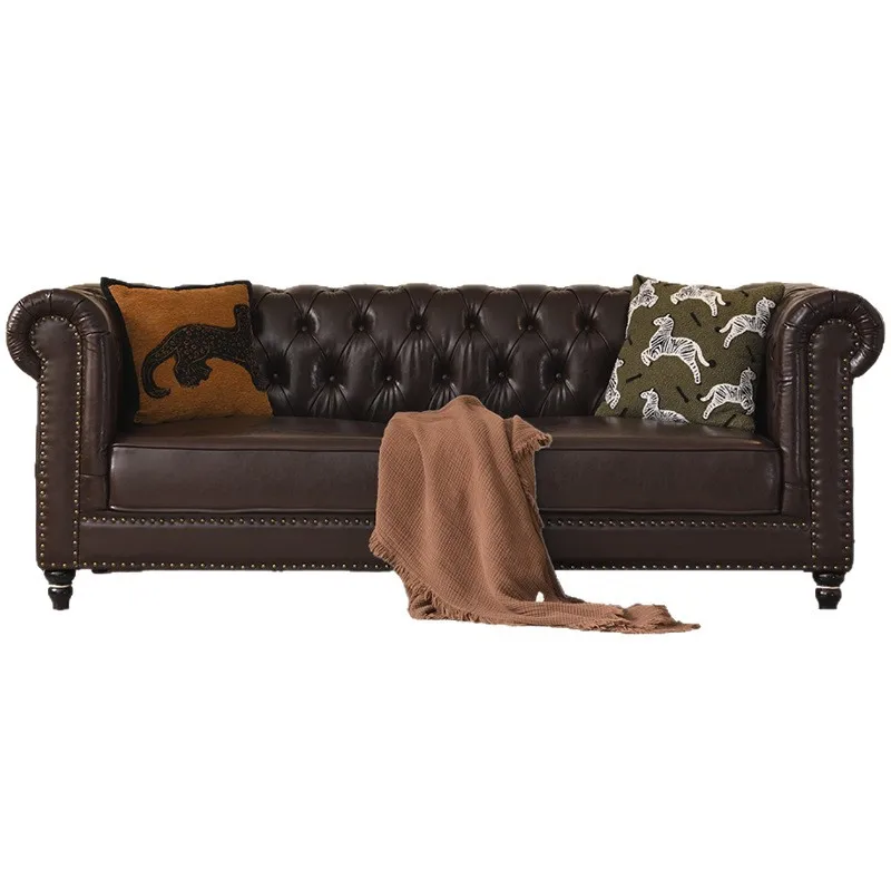 

French retro leather sofa classic buckle design three-person sofa high-end living room antique oil wax leather combination