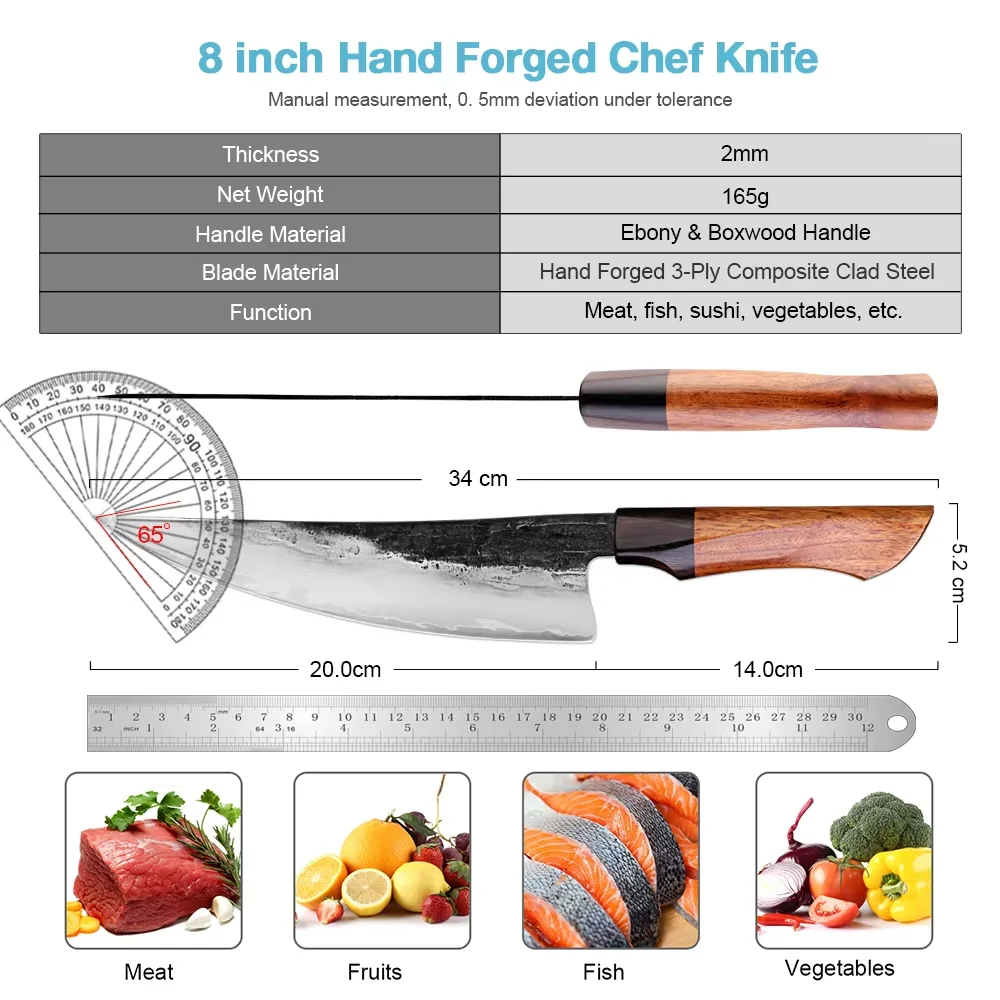 Handmade Kitchen Knife Triple-layer Composite Steel Chef Knife Hand Forged Knife Blade Sharp Slicing Cooking Knife Wood Handle