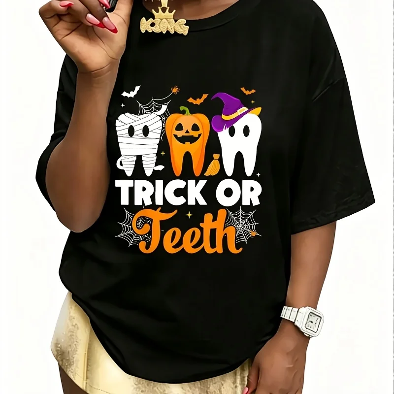 Trick or Teeth Women's T-Shirt 100% Cotton Fun Print Short Sleeve Top Casual Round Neck Tee S-5Xl