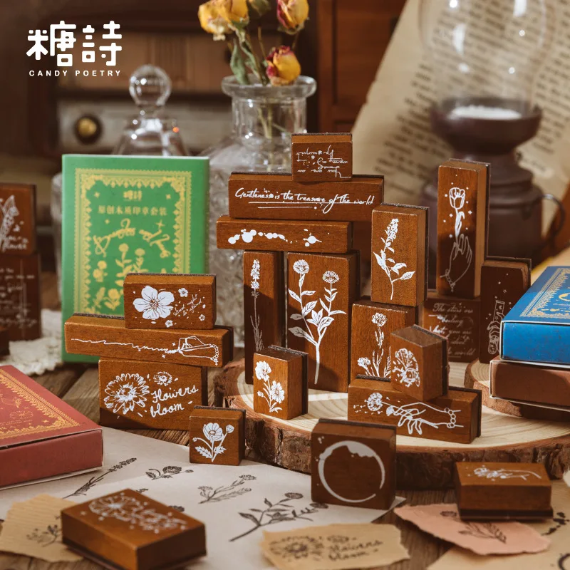 6 Pcs Vintage Literary Plant Wooden Rubber Stamp Cute Journal Scrapbook Decoration Stamp DIY Collage Stationery Supplies Kawaii