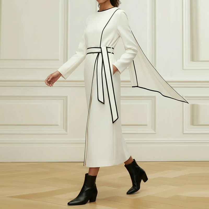 فستان Modigirl امرأة أنيقة بيضاء طويلة الأكمام ميدي مع ربطة عنق سوداء 2026 ضيف حفل زفاف وصيفة العروس فستان رسمي أنيق #3