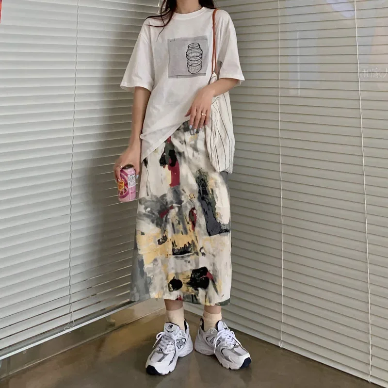 

Long Straight Skirt Vintage Designer Split Loose Skirt with Lining Harajuku X240 Pinted Summer Skirt Women High Elastic Waist