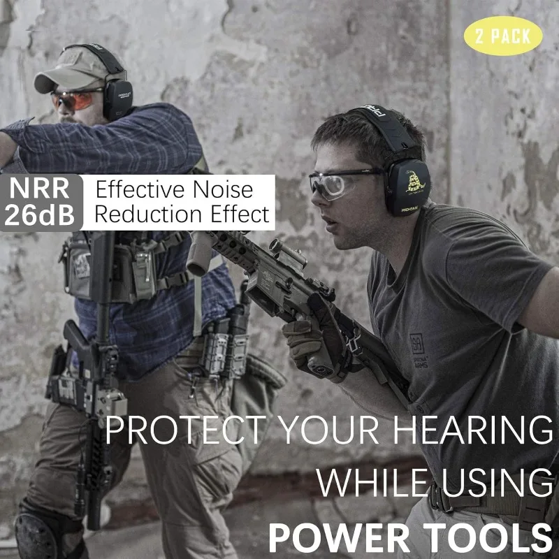 016 Shooting Ear Protection Earmuffs 2 Pack, NRR 26dB for Gun Range, Hunting -Black and DOTM