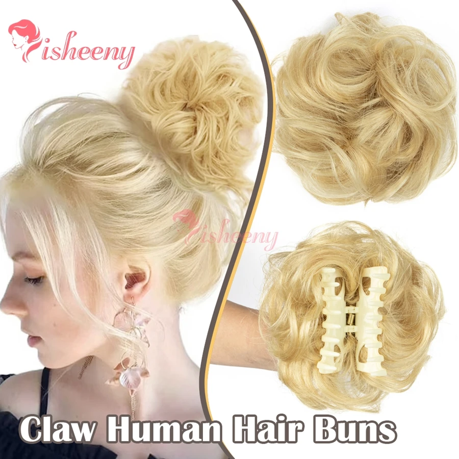 

isheeny Blonde Claw Clip Messy Bun Hair Piece Real Human Hair Buns Curly Chignon Hair Bun Extensions Wavy Tousled Updo Hair Buns