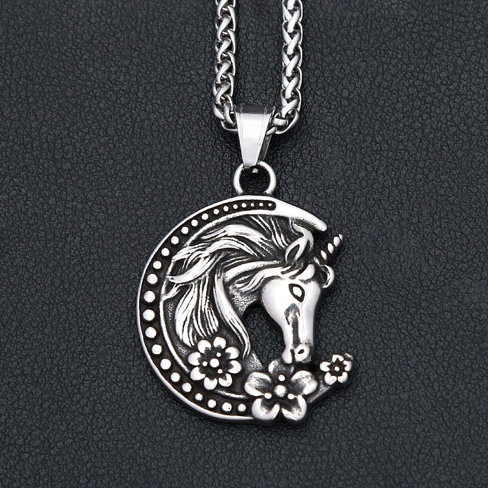 Neue Vintage Edelstahl Mond Pferd Kopf Einhorn Anhänger Halsketten Für Männer Frauen Mode Amulett Schmuck Geschenke Dropshipping