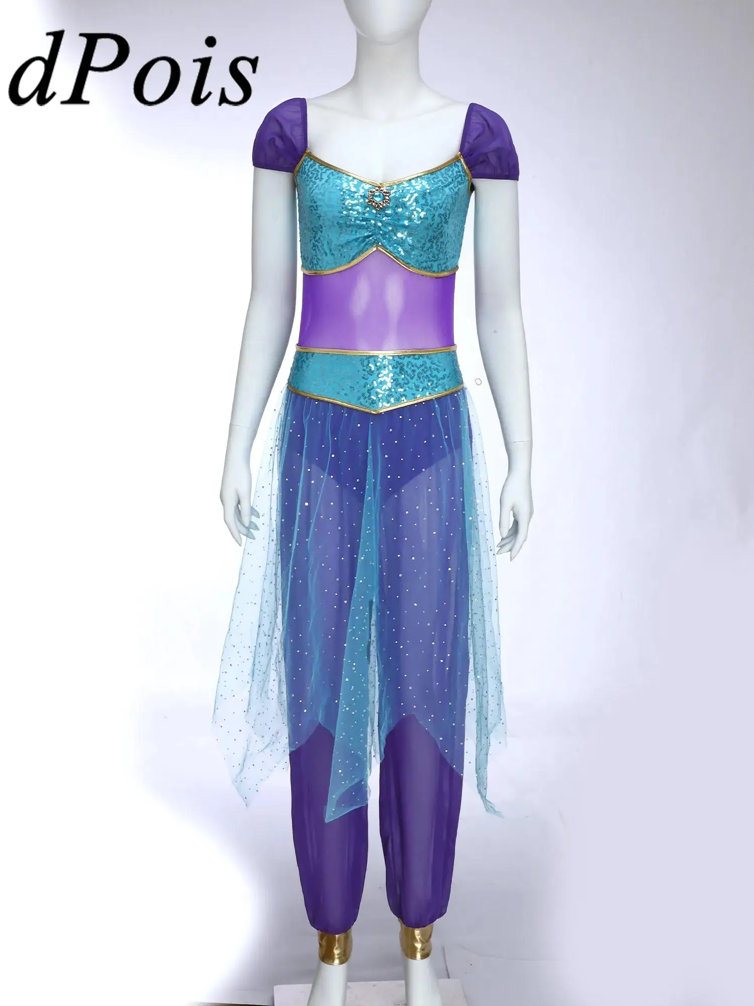 Arabische Prinzessin-Bauchtanz-Kostüm für Damen, Strampler, arabische Pailletten, Tüll-Overlay, ärmelloser Overall für Halloween, Cosplay