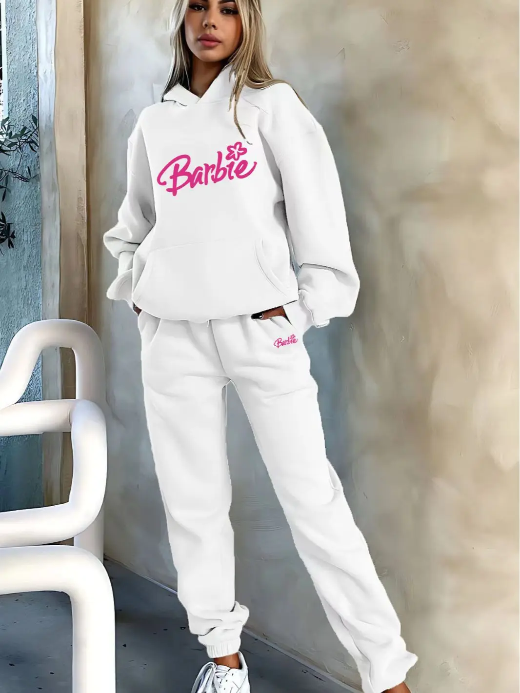 Barbie Fashionable Sports Long-sleeved Trousers Suit Hooded Letter Print Sweatshirt Anime Kawaii Women\'s Two-piece Set Girl Gift