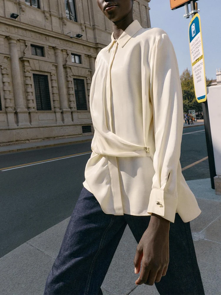 

European style new women's fashion versatile temperament solid color long sleeve button double breasted shirt