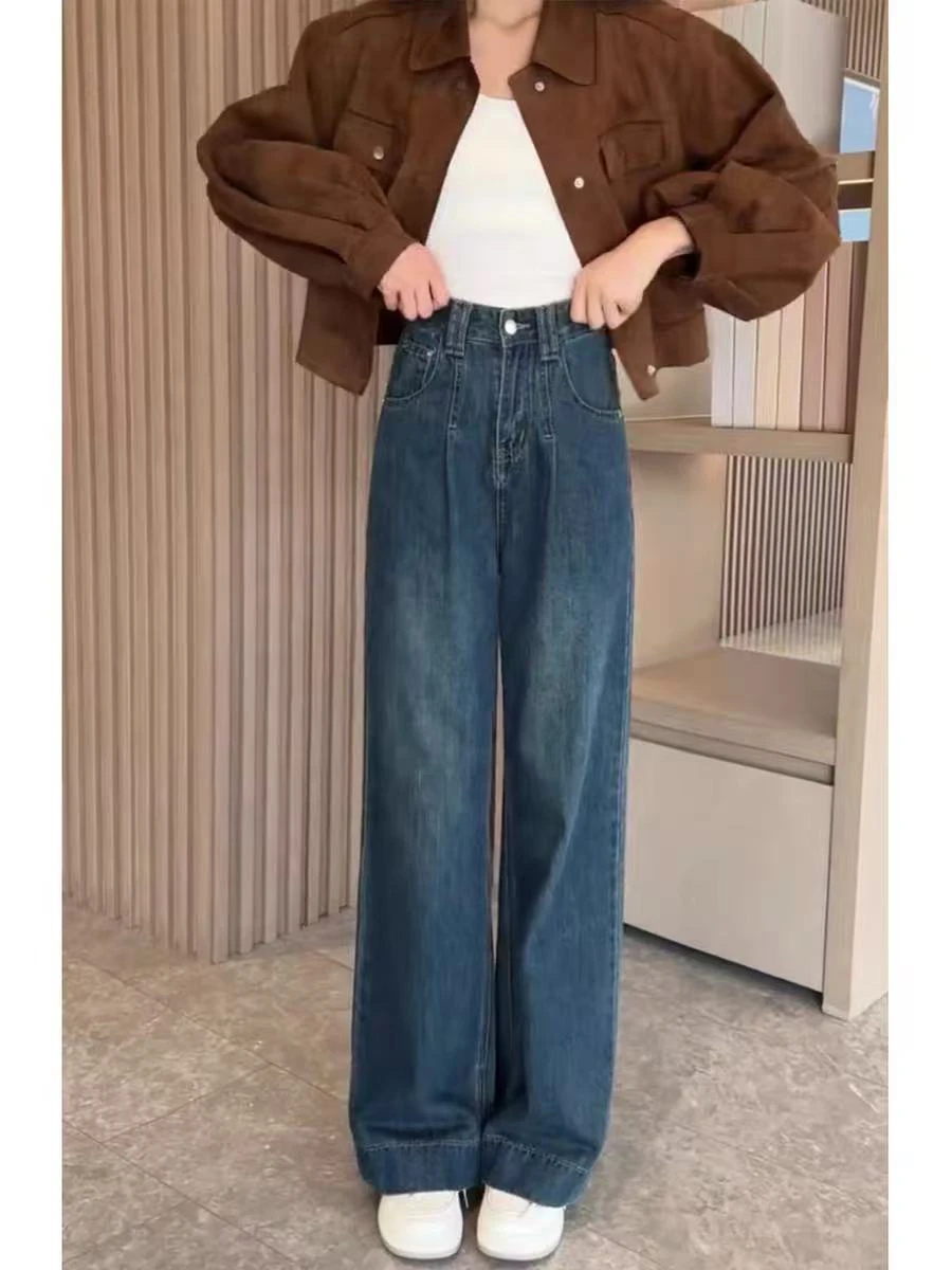 

Большие размеры Fce Lined Thi Джинсовые брюки Женские осенне-зимние свободные брюки с высокой талией Тонкие прямые широкие брюки Повседневные винтажные