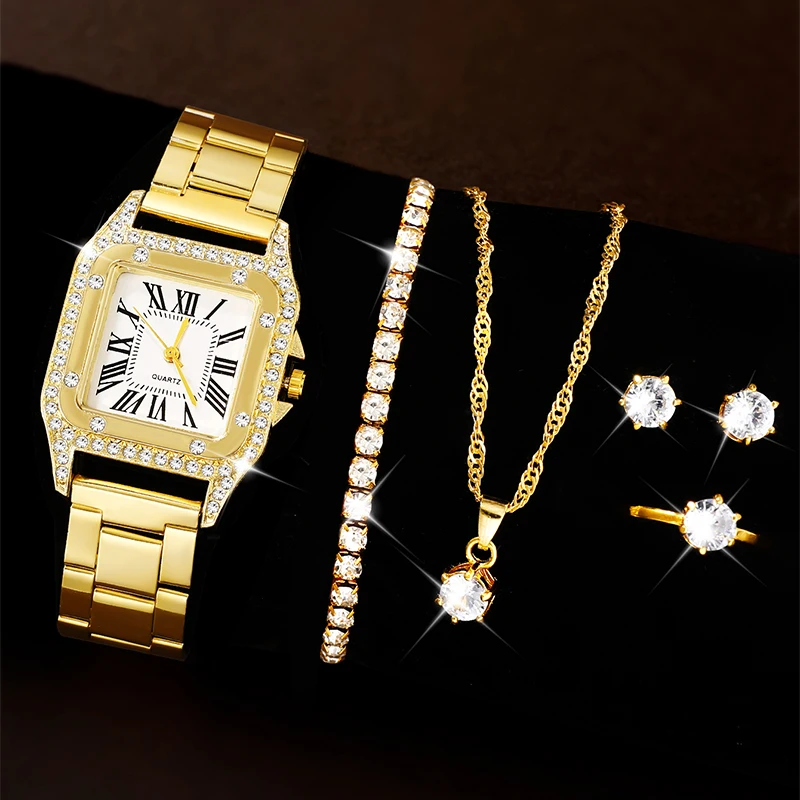 6PCS Set Golden Luxury Watch Women Ring Necklace Earring Rhinestone Fashion Wristwatch Casual Ladies Bracelet Watches