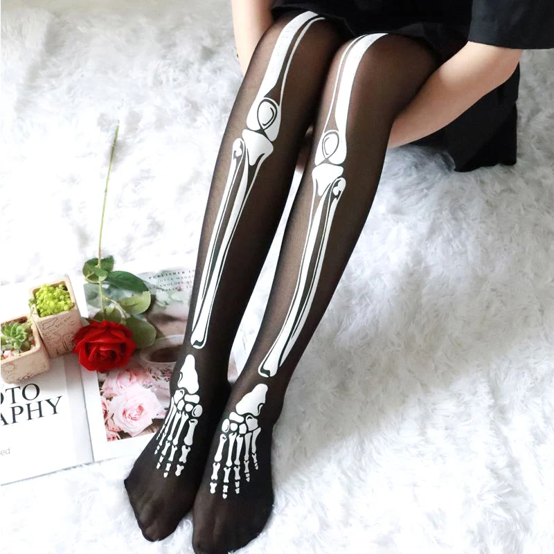 Halloween Black Skull Print Tights Stockings Sexy Women Pantyhose Leggings for Cosplay Club Party Harajuku Style Accessories