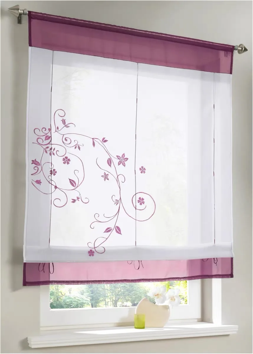 Half Short Curtain Embroidered Adjustable Ribbon Pole Sheer Window Tulle Curtain Kitchen Living Room Voile Screening Drape Panel