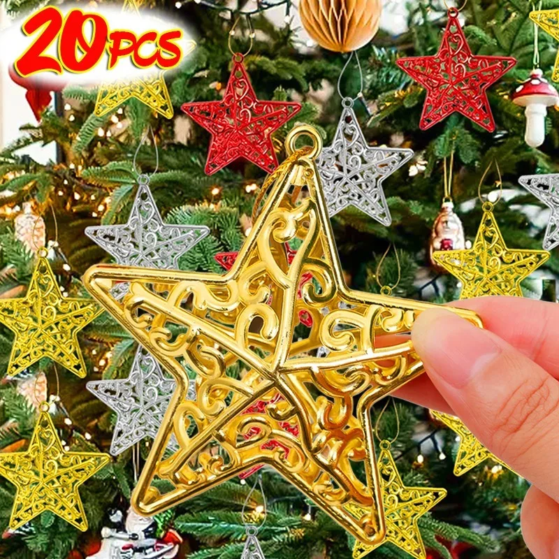 4/20PCS Hollowed Out Star Pendant Gold Silver Red Five-pointed Star Xmas Tree Hanging Ornaments New Year Home Party Decor Supply