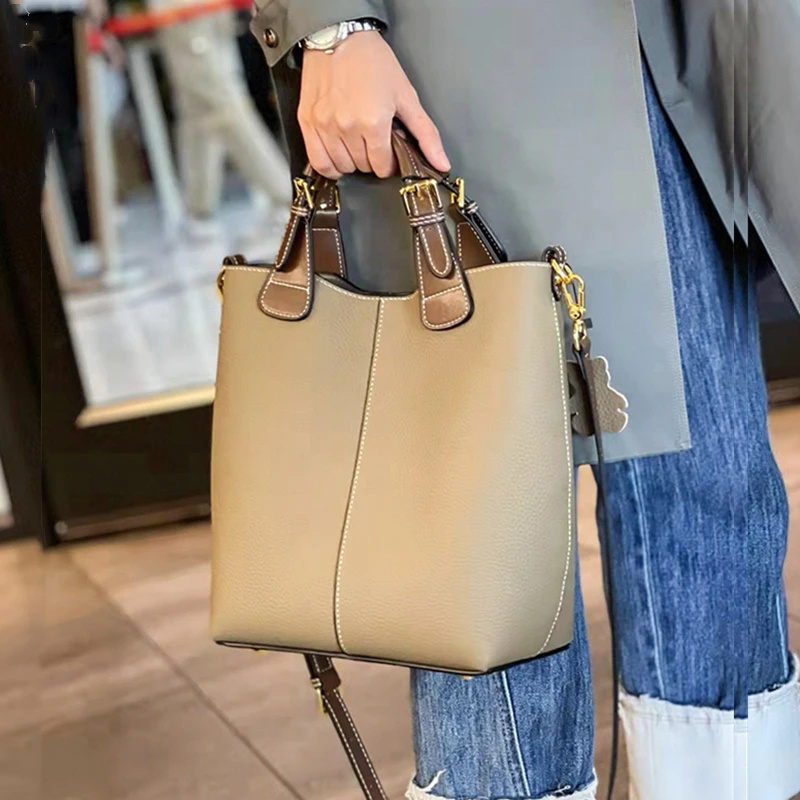 Toptrends Genuine Leather Bucket Tote Bags For Women 2024 Trend Designer Ladies Shoulder Crossbody Bags Cowhide Ladies Handbags