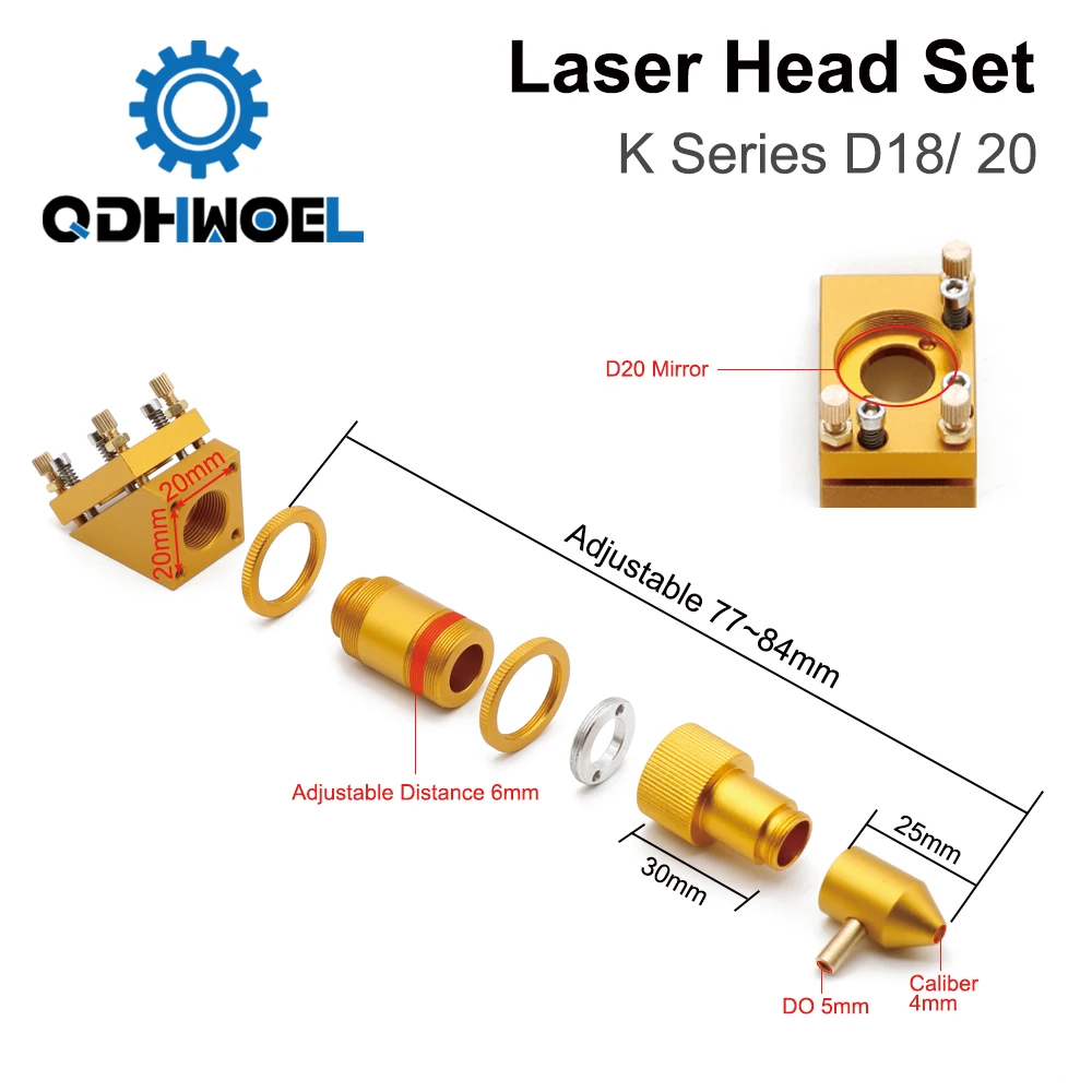 QDHWOEL K Series CO2 Laser Head Set D12 18 20  FL50.8mm Lens Gold Color for 2030 4060 K40 Laser Engraving and Cutting Machine