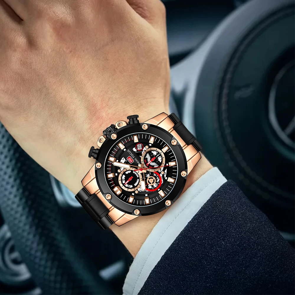 MINI FOCUS Men's Quartz Skeleton Watch Military Style Date Display Stainless Steel Band Sports Casual Business Watch 0398G