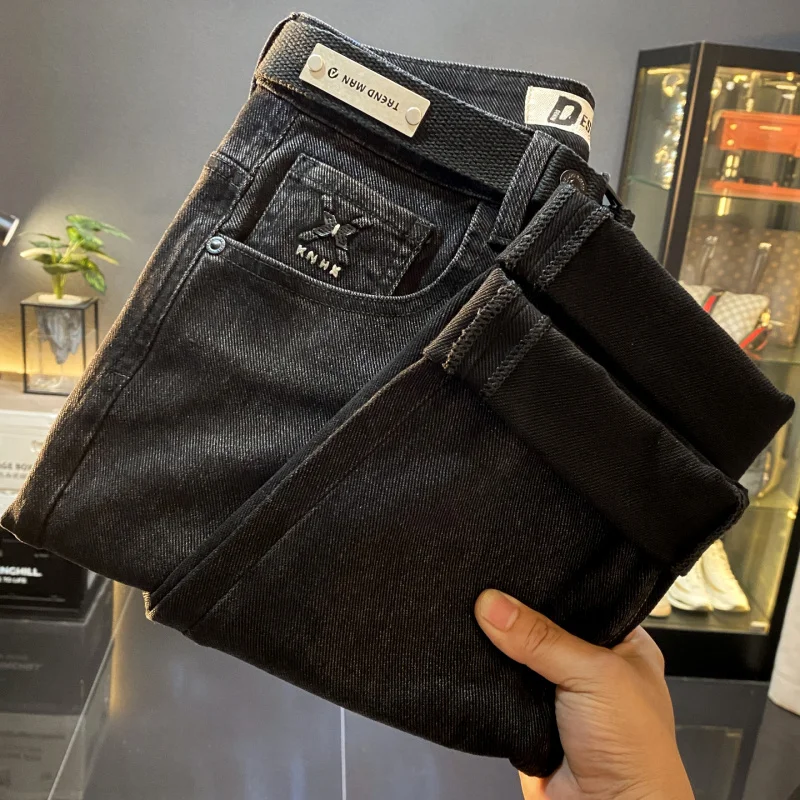 

Трендовые американские элитные модные черные джинсы, мужские узкие осенние новые стильные крутые повседневные длинные брюки с поясом