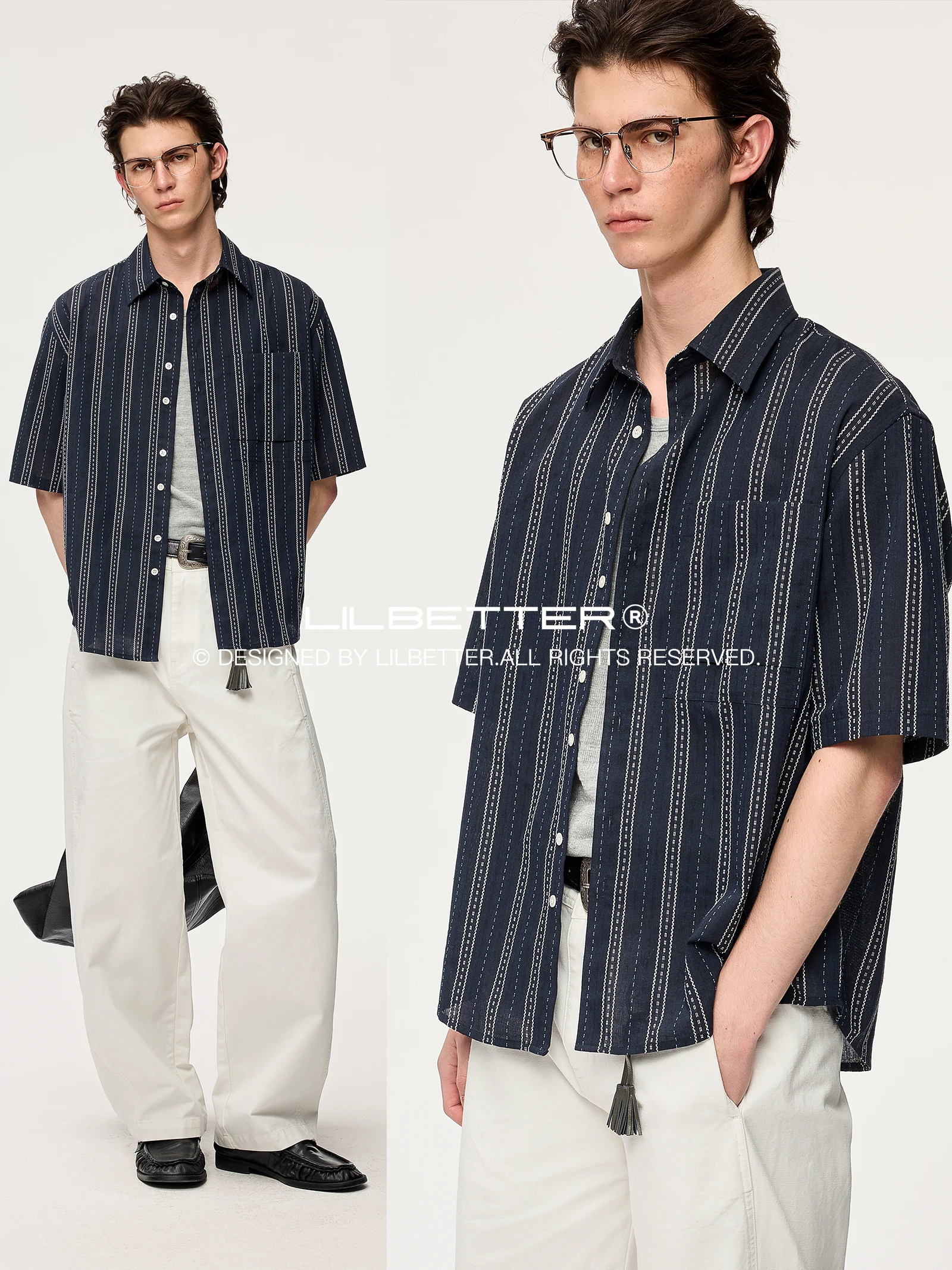 Lilbetter Men's Retro Ethnic Style Short Sleeve Shirt Loose Striped Texture Fashionable Summer Cotton Polyester Blend Shirt