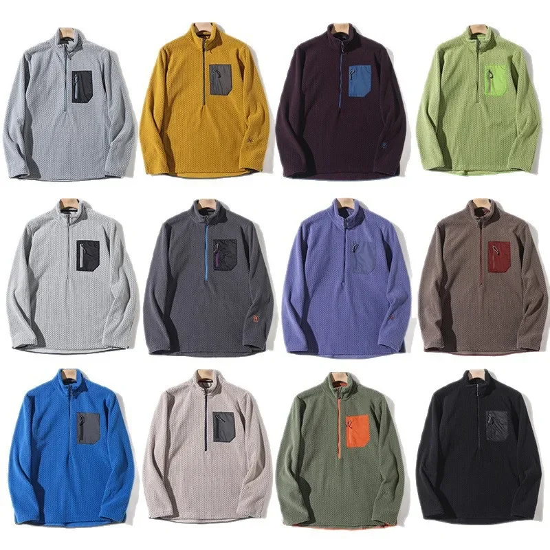 R1 Fleece Jacket, American Outdoor, Casual, Fishing, Cycling, Camping, Warm Stand-up Collar Half-zip Pullover Hoodie Shirt