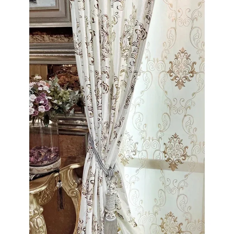 

European Vintage White Velvet Embroidered Tulle Luxury Curtains for Living Room Bedroom Elegant Custom Window Decor White Tulle