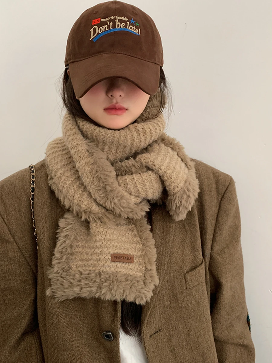 

Korean Style Women's Thickened Knitted Plush Scarf 2023 Autumn Winter Warm Long Scarfs Contrast Stripe Fur Lady Girl Hat Beanies