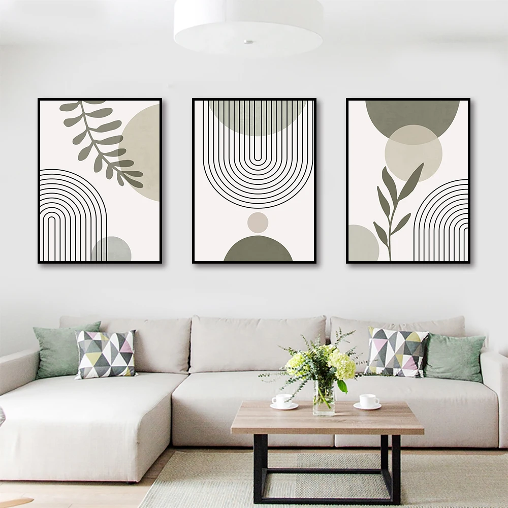 ملصق اسكندنافي بدون إطار ، خط تجريدي ، ورقة شجر ، هندسة ، رسم على قماش الكانفاس ، رسم جداري ، غرفة معيشة ، هدية مثالية ، 3 * *