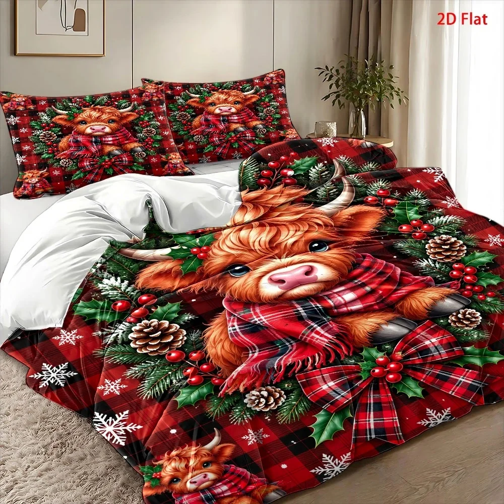 Christmas-Themed Duvet Cover Set, Three-Piece Bedding Set (1 Duvet Cover + 2 Pillowcases), Festive Party Atmosphere Decoration, Suitable for All Seasons, Machine Washable, Invisible Zipper Design, Large Double Bed Cover Set, Suitable for Home, Dormitory, Master Bedroom, Guest Room, Ins-Style Japanese Floral and Animal Pattern Bedding, Specially Designed for Comfort and Skin-Friendly Bedding, Bedroom Decoration and Sleep Essentials, 2D Flat Print