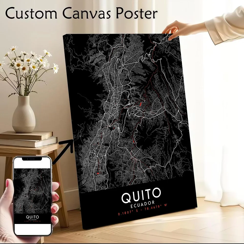 Mapa de Quito en Tela Oscura, Póster Decorativo para Pared, Impresión de Imágenes Personalizables para Decoración Moderna del Hogar