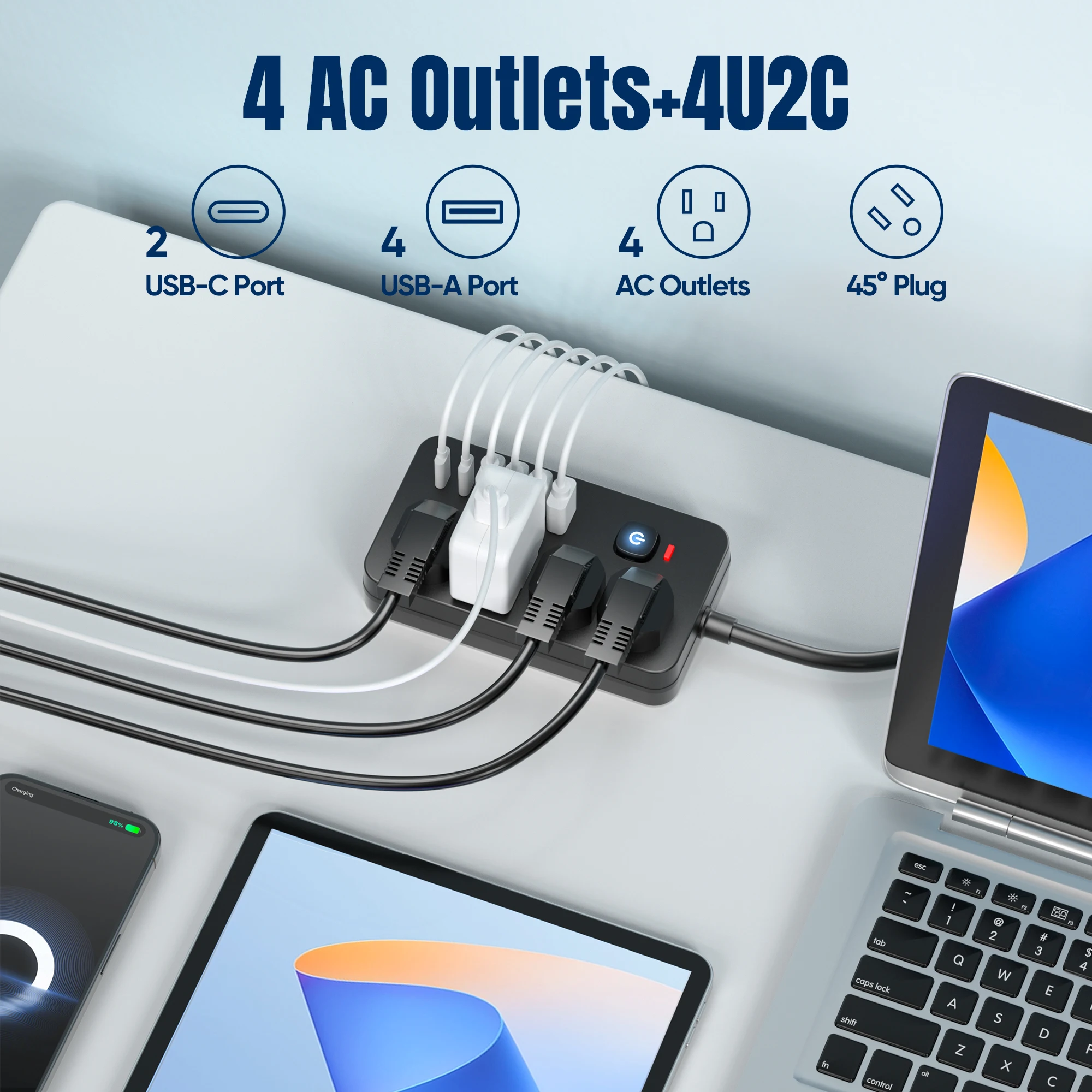 10-in-1 US Power Outlet, Extension Cord, 10ft Corded Power Outlet Surge Protector, 4 AC Outlets, 4 USB 2 Type-C, Desktop Chargin