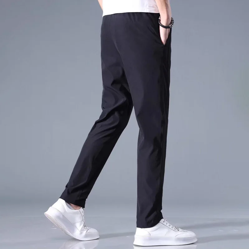 Pantalones de seda de hielo para hombre, pantalón de chándal de pierna recta, elástico, transpirable, Delgado, informal, negocios, exteriores, verano, nueva moda