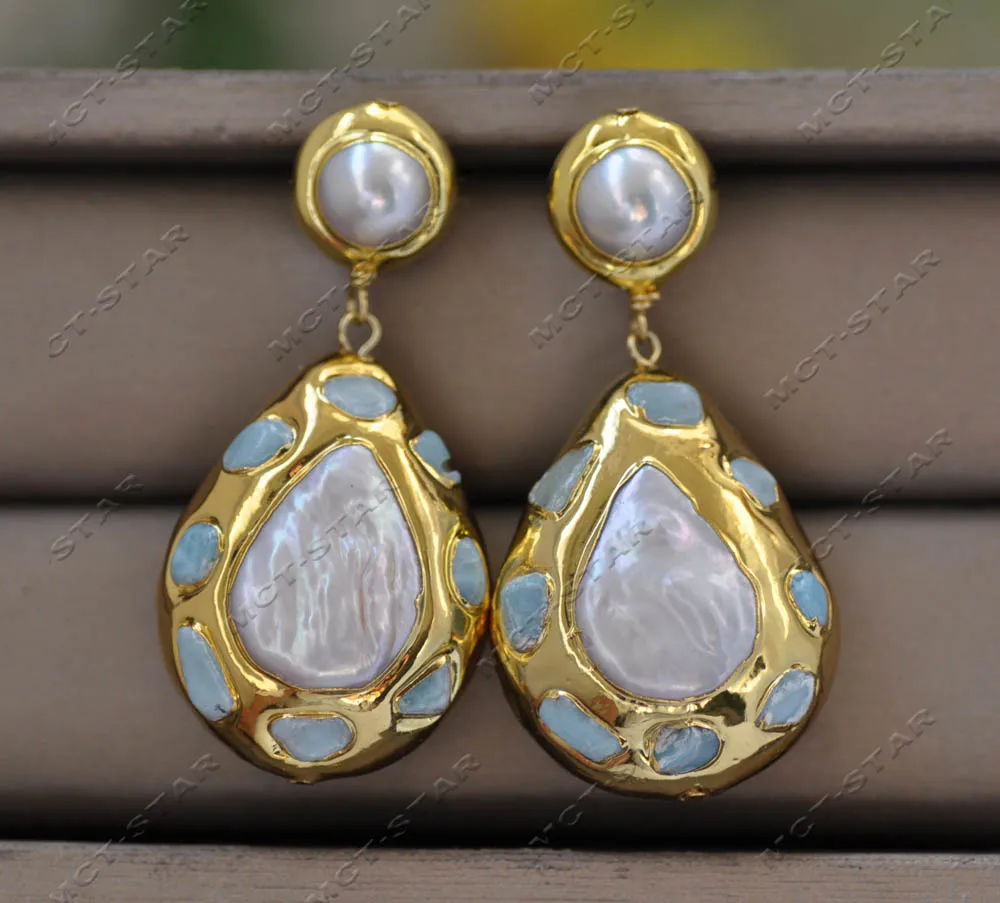 Z13019 34mm White Heart Coin Pearl Blue Aquamarine Gold Plating Teardrop Dangle Earring