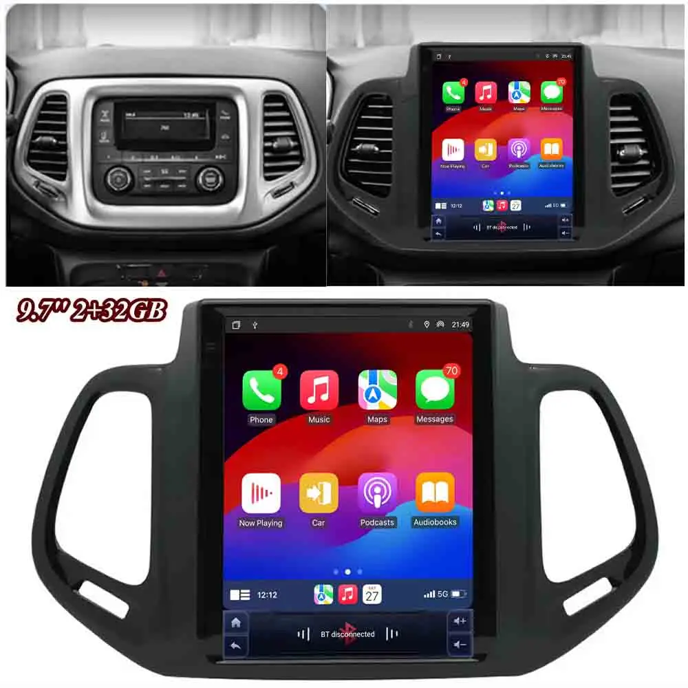 9.7'' Android 14 Car Radio For Jeep Compass 2 MP 2016 - 2019 Tesla Style Navigation GPS Multimedia Player Carplay QLED 5G +WIFI