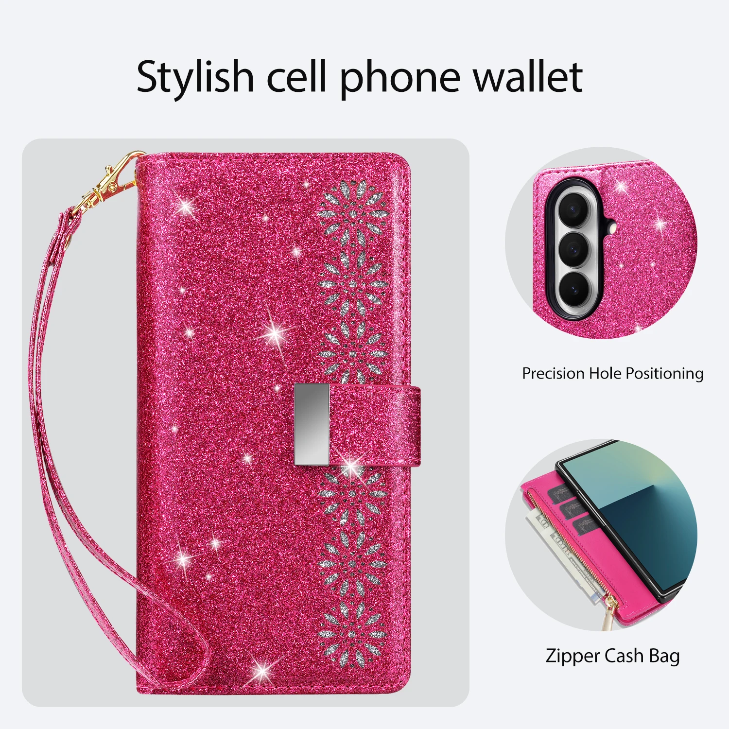 Für Samsung Galaxy Z Fold 8 Ultra Z Fold 8 7 6 5 4 Reißverschluss-Lederhülle Glänzende Klapphülle Brieftasche Kartenfach Stoßfester Schutz Cover Capa
