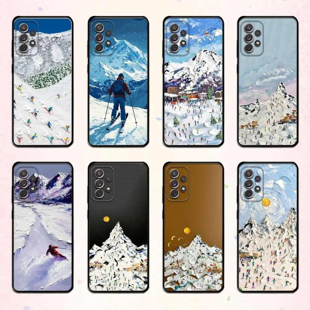 

S-Snow Mountain Skiing Oil Painting Phone Case For Samsung S 25,24,23,22,30,21,10,9,Ultra,Plus,Lite,FE,4,5 G Soft Black Case