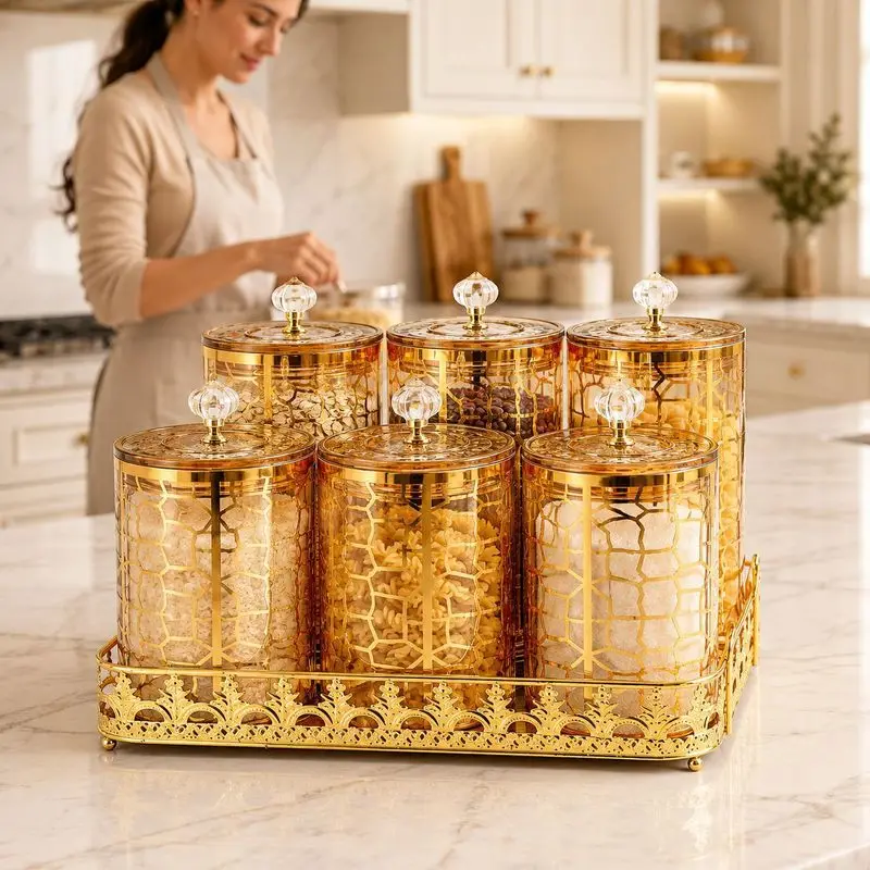 Luxury Gold Pattern Plastic Airtight Kitchen Storage Containers Set for Dry Food Grains Rice Beans and Spices Home Organization